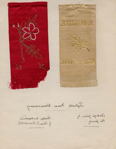 丝带徽章(两个)与第五十届鲍迪奇家族圣诞节庆祝活动有关，1886年 手稿和缎带